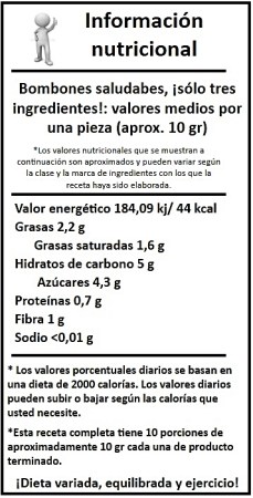 Tabla información nutricional bombones saludables, tres ingredientes