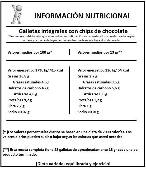 Tabla información nutricional galletas integrales con chips de chocolate